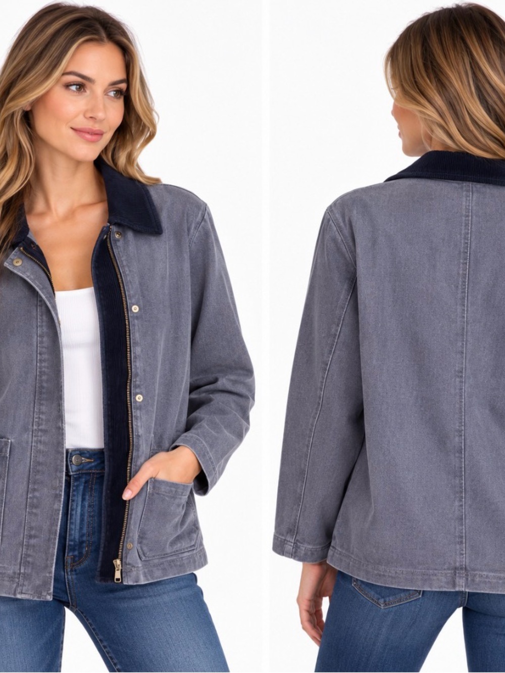 Bagatelle Collection NWT Blue Denim Utility Chore Jacket Corduroy Collar S